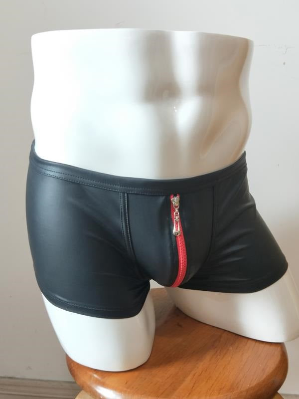 BLACK STRETCHY FABRIC SHORTS WITH RED COLOR ZIPPER FRONT