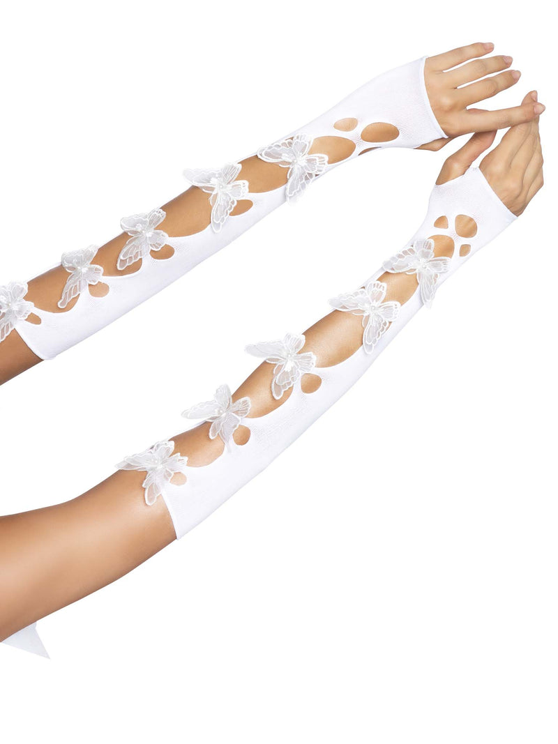 Opaque net cut-out butterfly applique arm warmers.