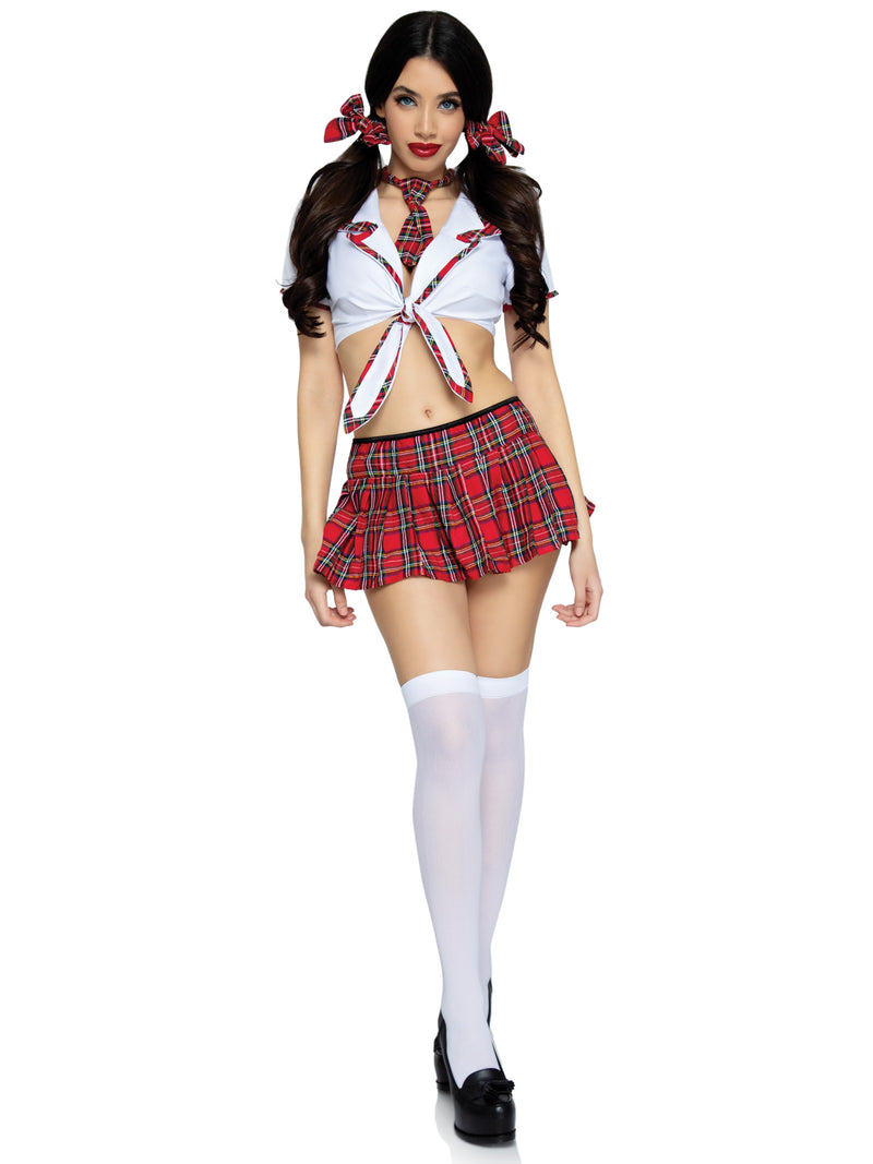 4PC.Miss Prep School,cropped tie top,skirt,tie,and hair bows