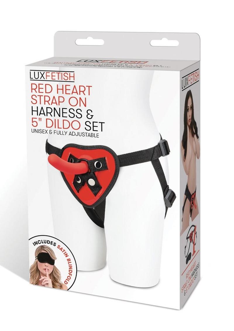 Lux Fetish Red Heart Strap on Harness & Silicone Dildo Set 5in