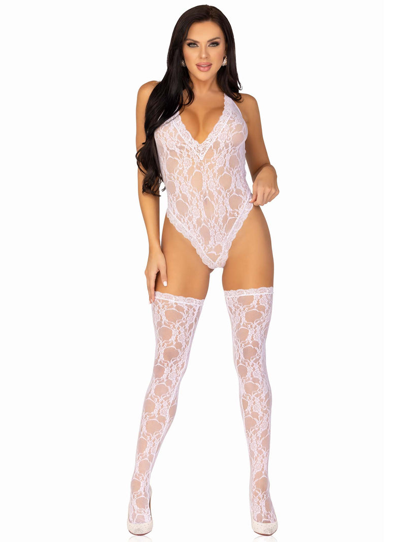 2PC.Floral lace deep-V teddy and matching stockings