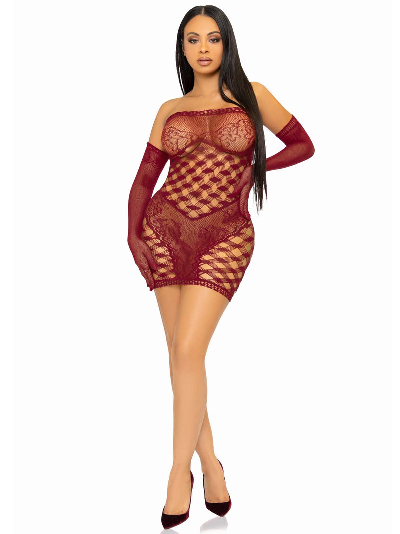 2 PC Hardcore net tube dress with lace accent and matching gloves.