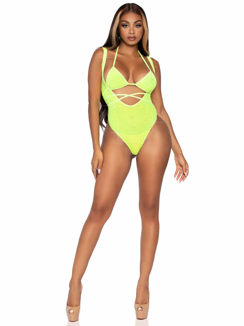 2 PC Rhinestone mesh wrap around bikini top and suspender bodysuit.