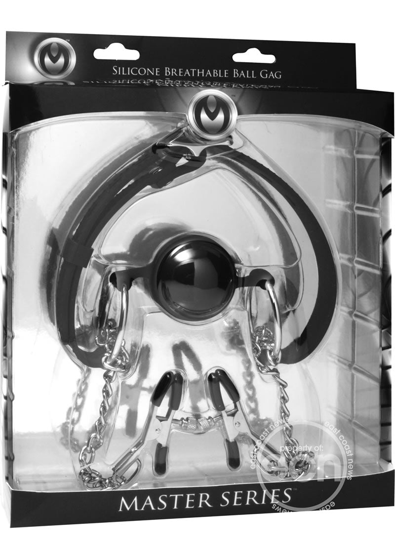 Master Series Hinder Breathable Silicone Ball Gag With Nipple Clamps - Black