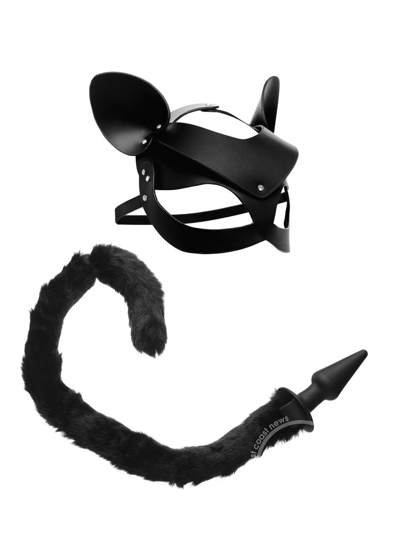 Tailz Black Cat Tail Anal Plug & Mask Set - Black