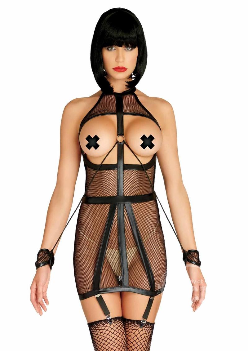 Leg Avenue Wet Look Fishnet Open Cup Bondage Garter Dress with O-Ring Attached Restraint Cuffs - Small/Medium - Black