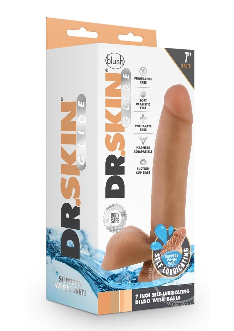 Dr. Skin Glide Self Lubricating Dildo with Balls 7in - Caramel