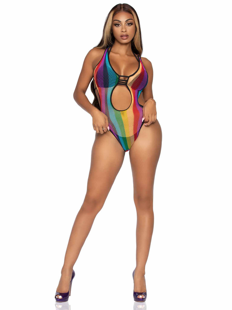 Rainbow fishnet cut out bodysuit with strappy bikini back.
