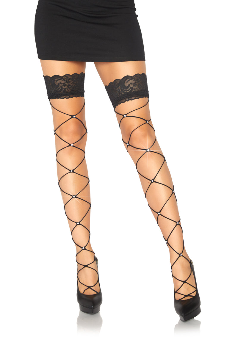 Crystalized wide net lace top thigh highs 9119 O/S