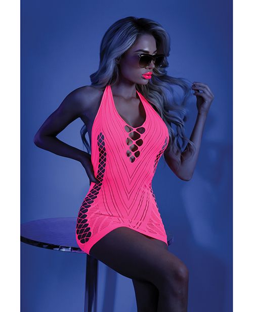 Glow Black Light Net Halter Dress Neon Pink